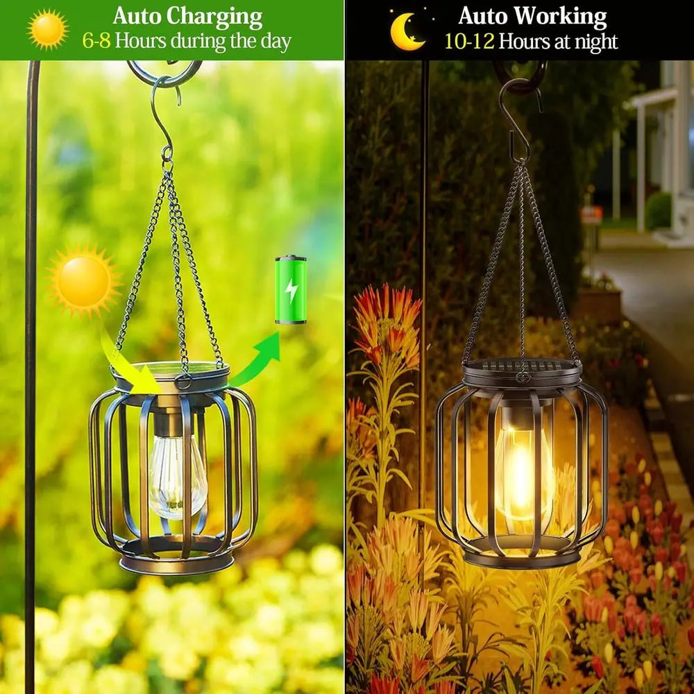 Hanging Lanterns Outdoor: 2 Pack Metal Hanging Lights with Hook, Bright Warm Waterproof LED Lanterns for Outside, Classic Decora