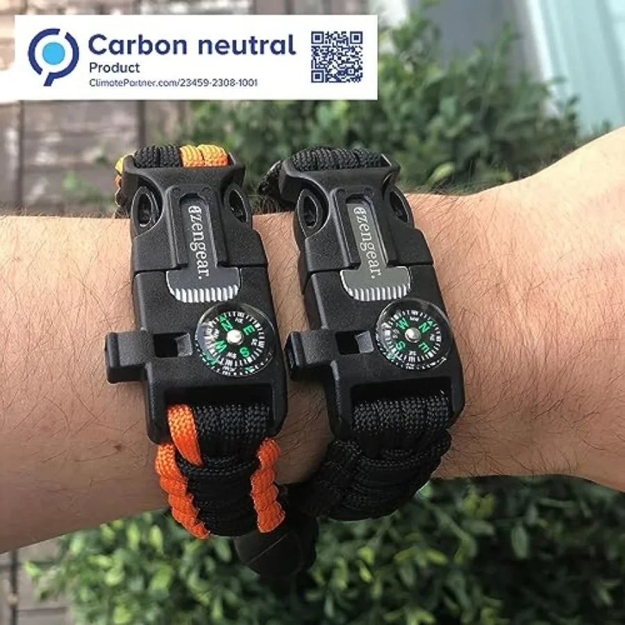 Paracord Survival Bracelet 2 Pack Flint Steel Fire Starter, Whistle, Compass, Mini Saw Adjustable Wrist Band Size for Camping,