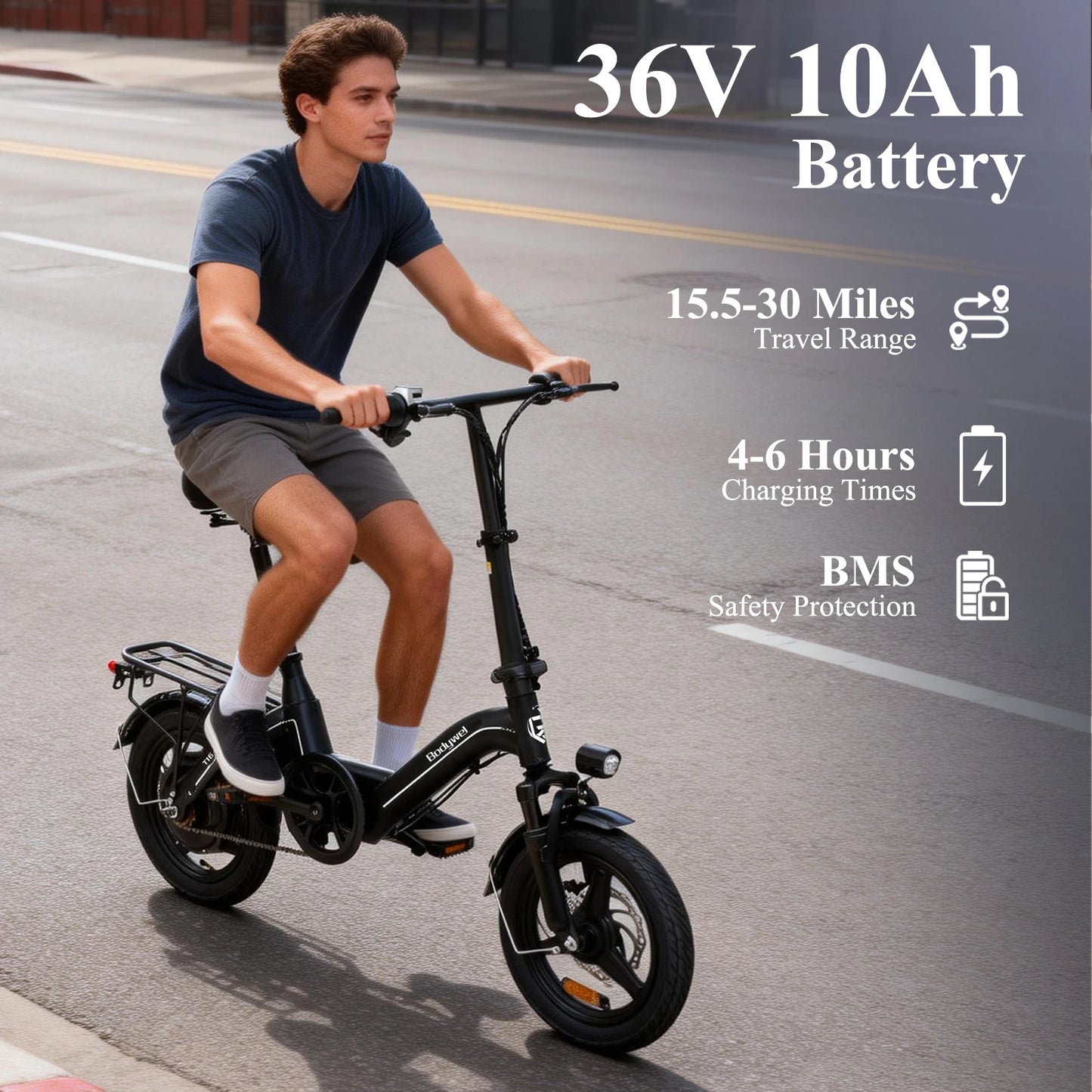 Bodywel T16Pro Folding Electric Bike 20MPH Max Speed 36V 10.4Ah Battery UL/TUV Certified 14" Mini E-Bike for Adult Urban ebike