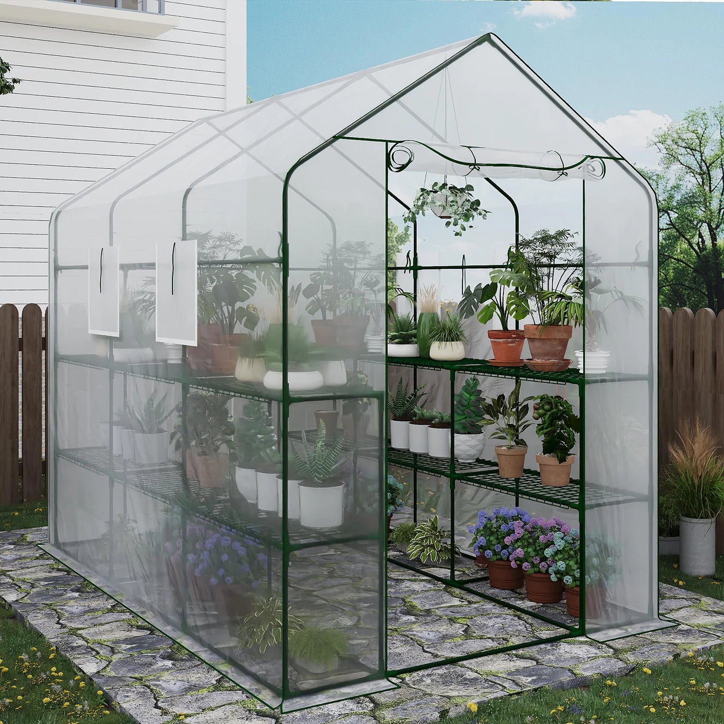57x85x77in Walk-In Greenhouse With 8 Shelves, PE Cover, Mesh Windows & Zipper Door, Heavy Duty Plant House For Garden Backyard Patio