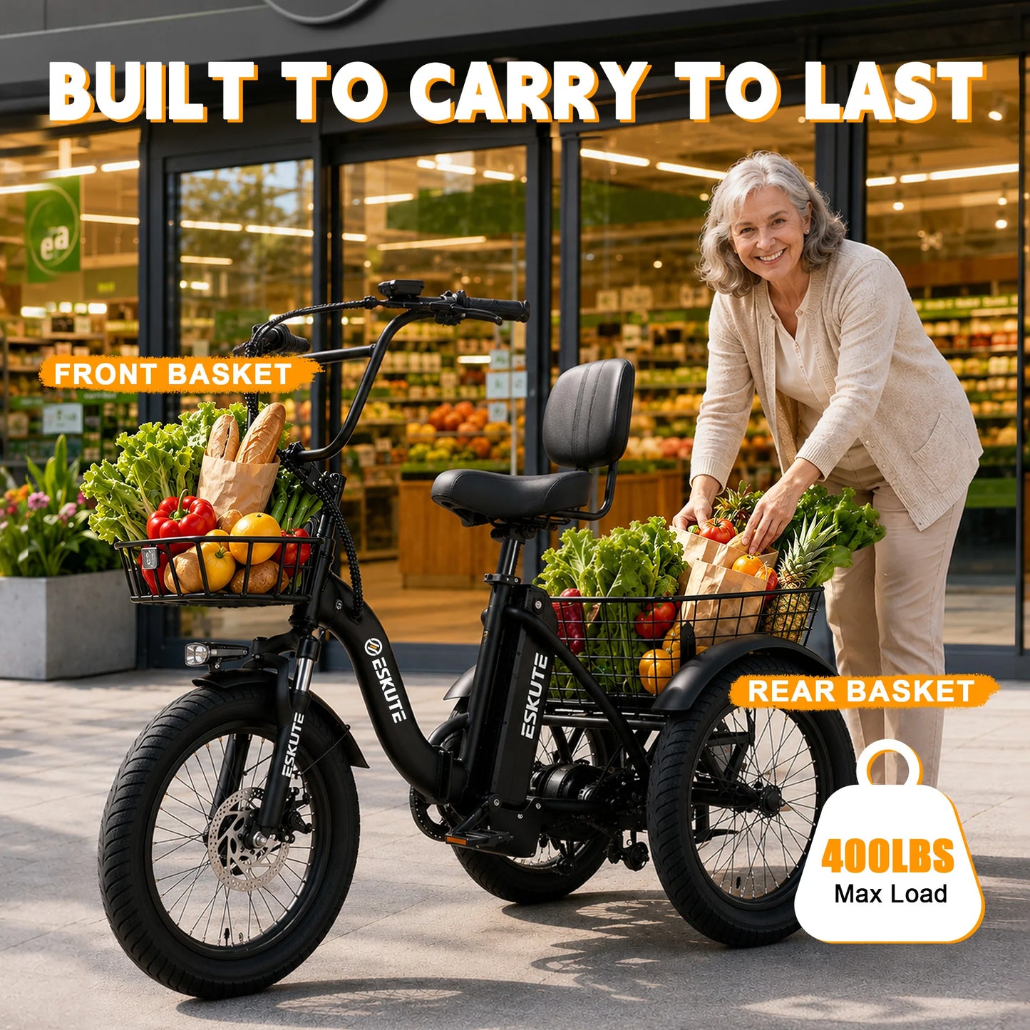 ESKUTE T300 E Trike Electric Bike, Peak 1200W Brushless Motor Folding Trike 18X3.0 Fat Tire Ebike, 624Wh Removable Battery, Step-Thru 3 Wheel Electric Bicycle, Up to 65 Miles, 18MPH+ Tricycle for Adults