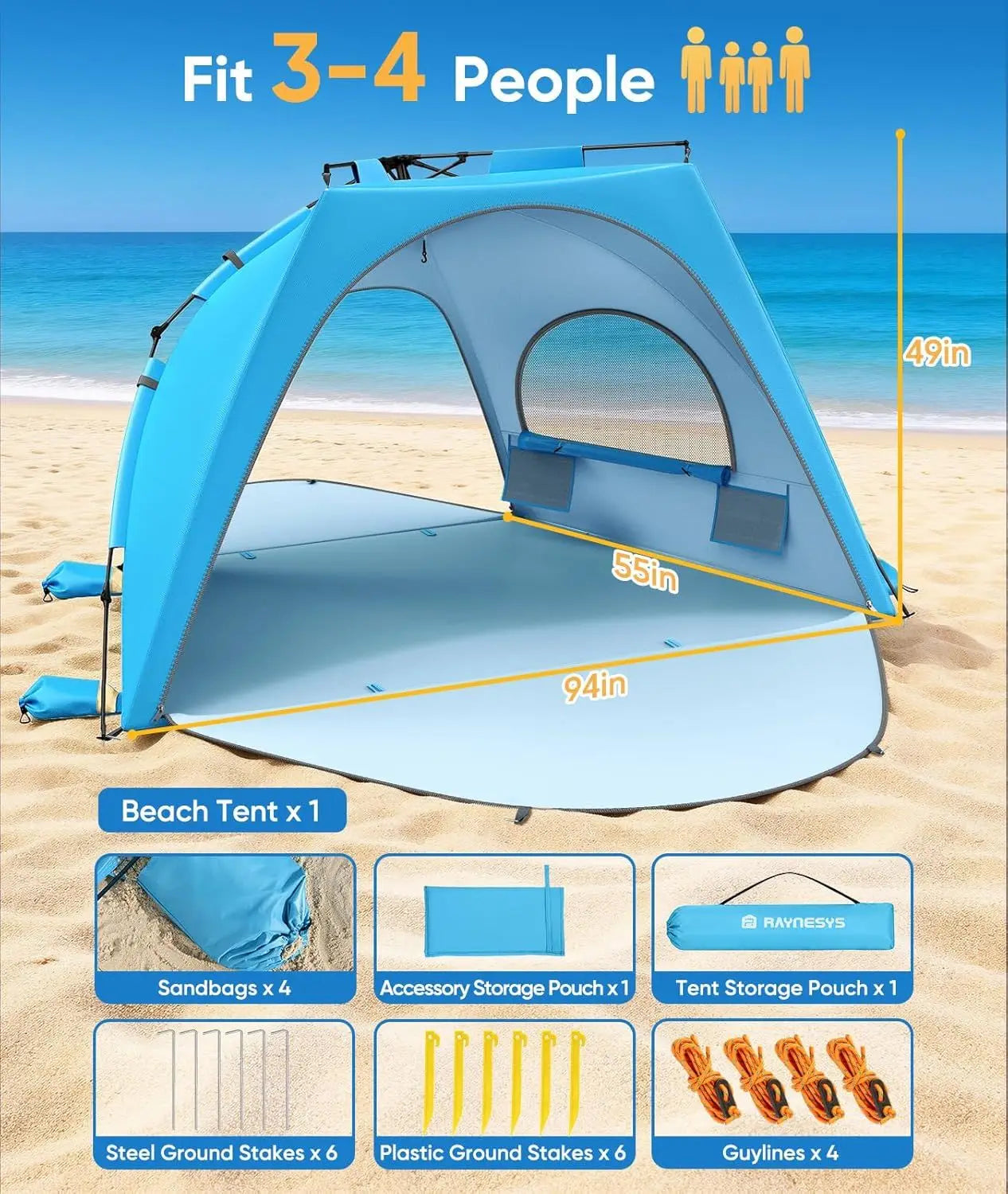Beach Tent Sun Shelter for 5-6 Person, Pop Up Beach Canopy Waterproof Tarpaulin Awnings, UPF 30+ UV Protection, Breathable Mesh Window, Home Garden Party Tent,Portable Sun Shade Tent with Carrying Bag for Sands & Outdoor Beac