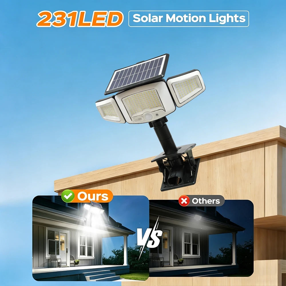 Solar LED Street Light Outdoor Clip-on Motion Sensing Light 3 Adjustable Lamp Heads Camping Light, for Fences Decks Garages Wall
