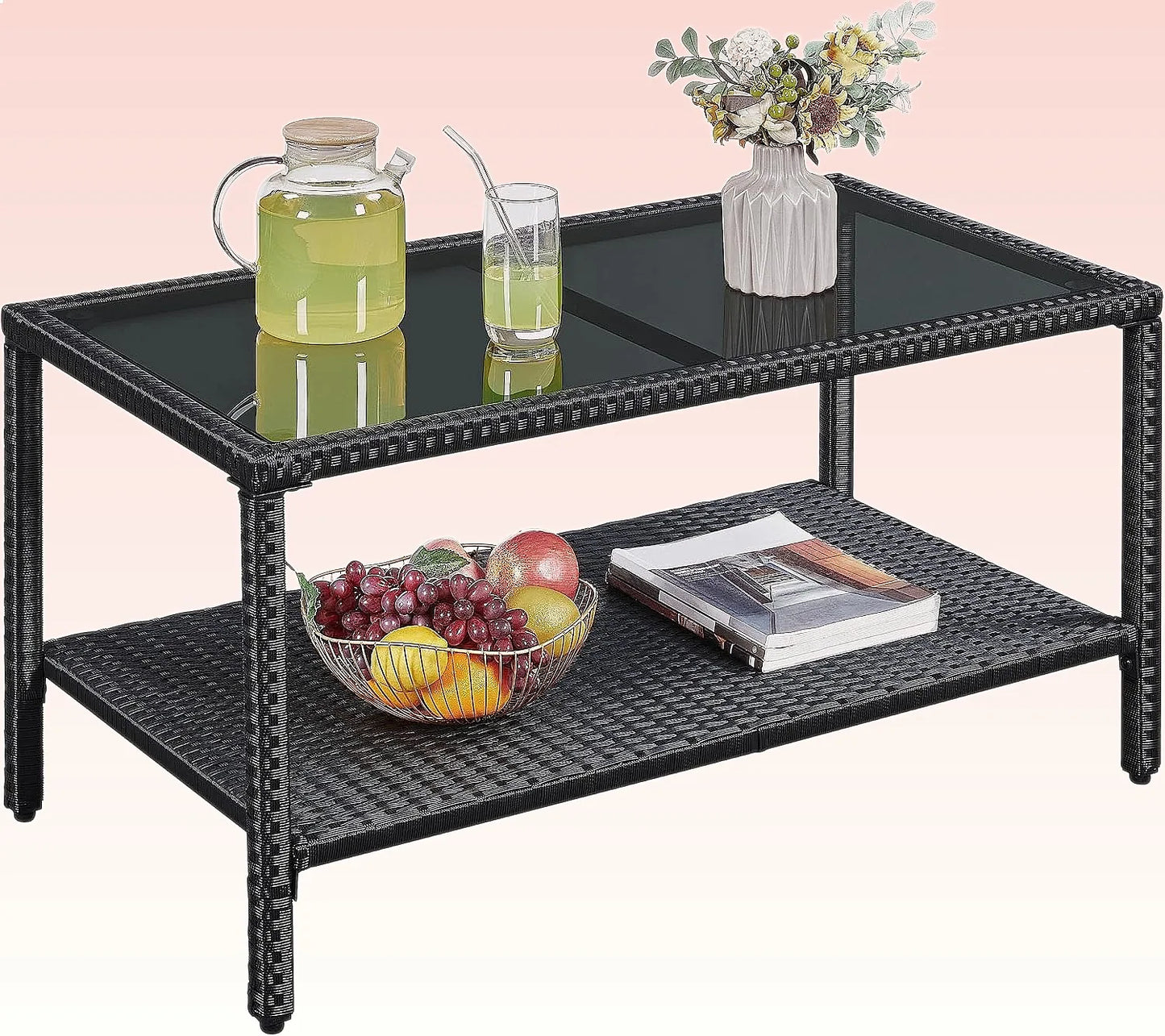 Outdoor Wicker Coffee Side Table All-Weather Rattan Patio Storage with Tempered Glass Top Black