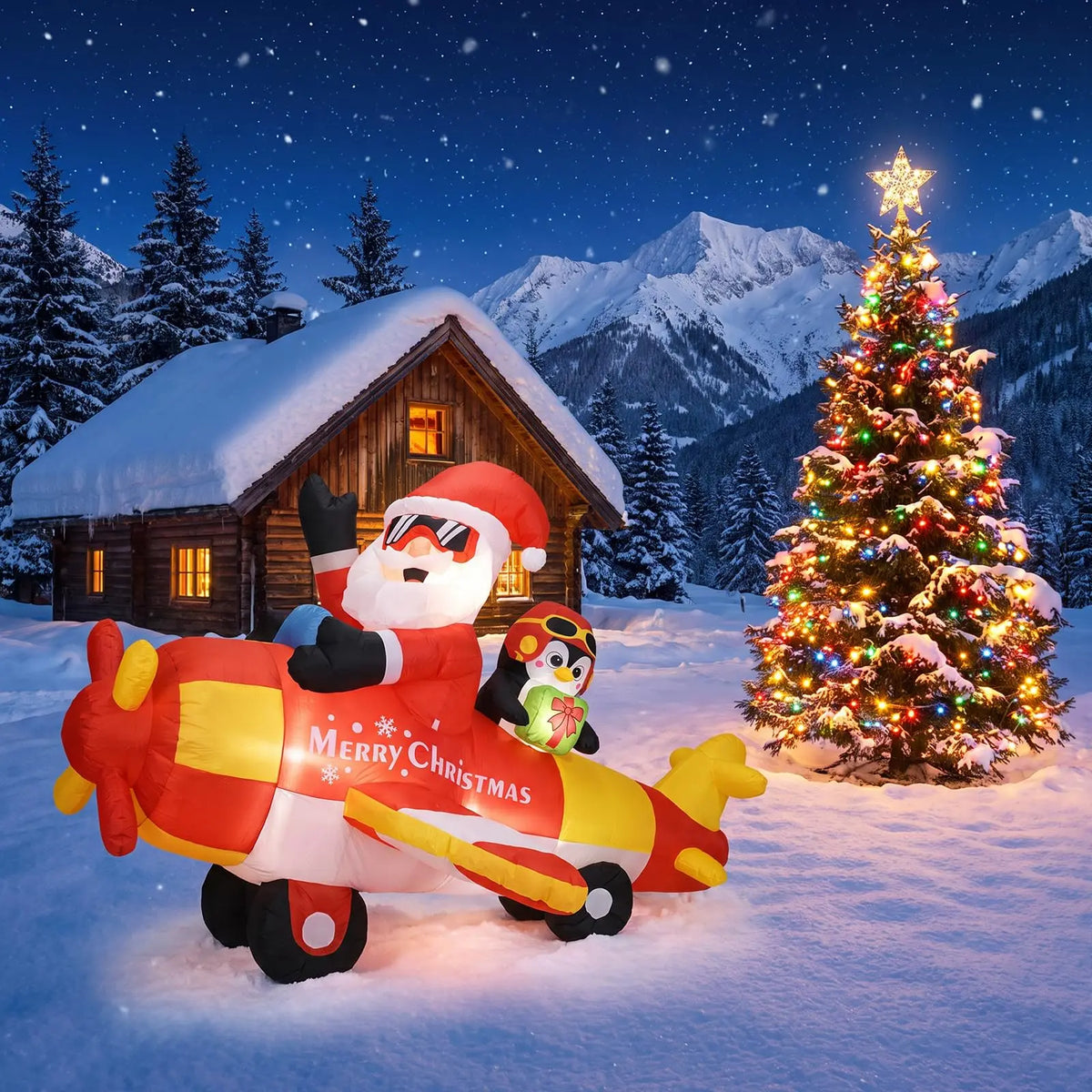 Himmiss Christmas Inflatable Santa Airplane With Penguin Outdoor Decor