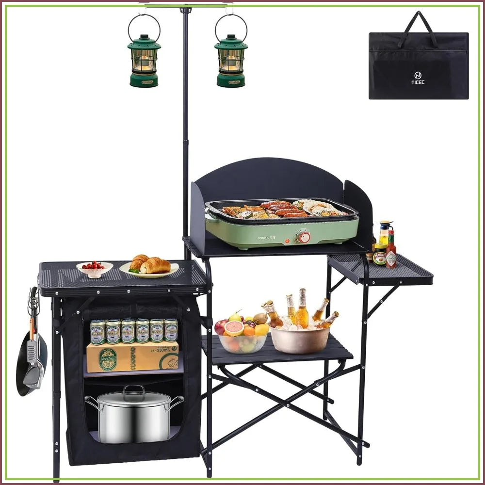 Portable Camping Kitchen Station with Light Stand & Windshield, Foldable Grill Table, Outdoor Cook Organizer, Carry Bag Included (Black)