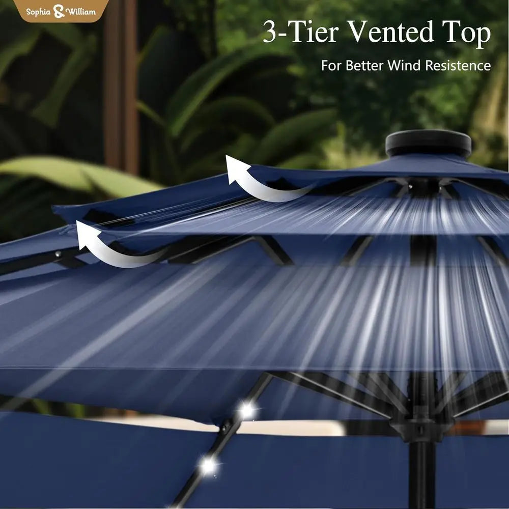 Outdoor 3-Tier Vented Patio Umbrella with 24 LED Lights, Adjustable for Pool, Garden, Navy Blue