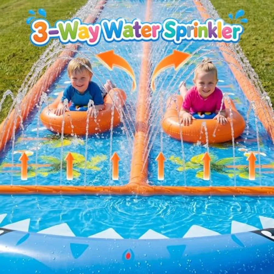 Outdoor backyard water slide for adults and kids, heavy-duty PVC, blue orange, 40×5.9FT with 3-way sprinkler and 2 boards
