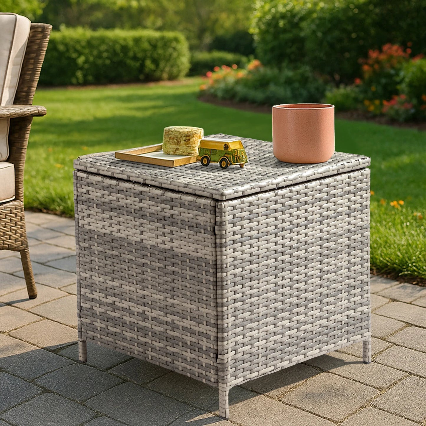 27 Gallon Outdoor PE Wicker Storage Side Table, 53×53×50cm All Weather Handwoven Rattan End Table with Sturdy Iron Frame, Dual Function Side Desk & Storage Bin for Patio Garden Backyard Store Tools Toys, Brown Gradient