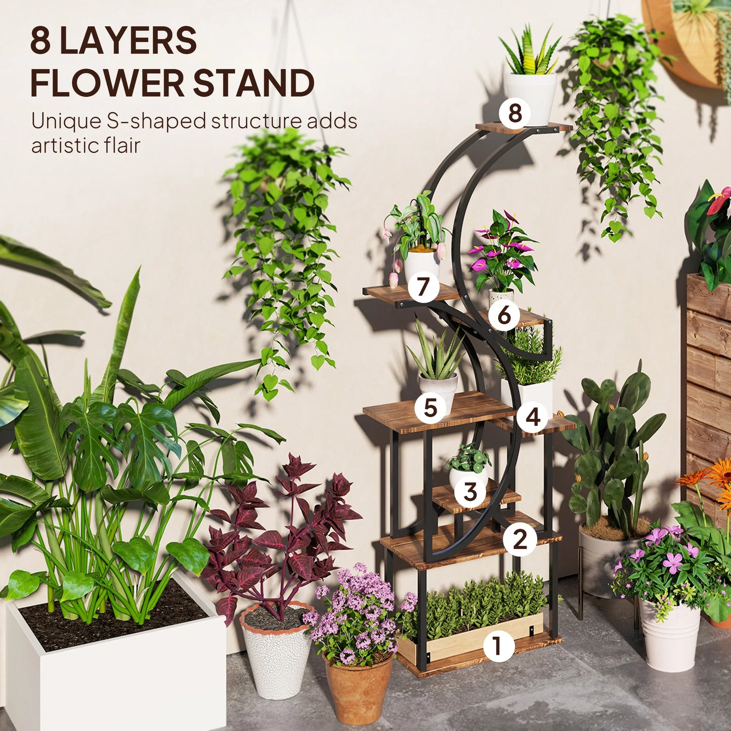 8 Tier Plant Stand, 62" S-Shaped Plant Shelf, Carbonized Finish