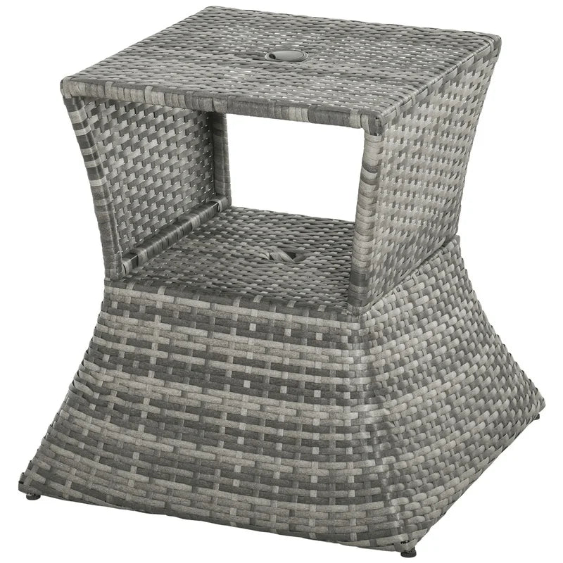 Outsunny Rattan Side Table with Umbrella Hole, 2-Tier Outdoor Storage Shelf, Weather-Resistant Grey Patio Garden Furniture