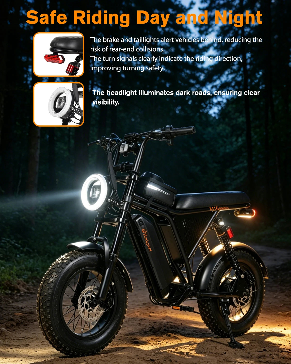 1500W peak Motor Bodywel M16 PRO Fat Tire Electric Bike, 48V 15.6Ah Removable Battery, 40 Mile Range,16"x4.0 Off-Road E-Bike, UL2849–Ships from US