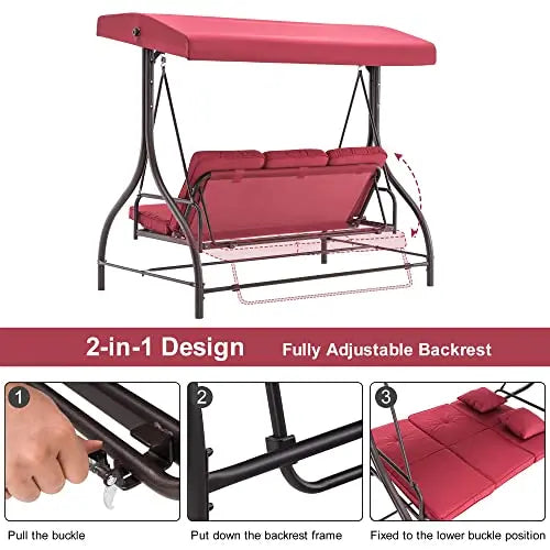 Burgundy 3-Seater Outdoor Swing With Detachable Cushions, Adjustable Canopy, And Convertible Glider Design For Patio Deck Garden