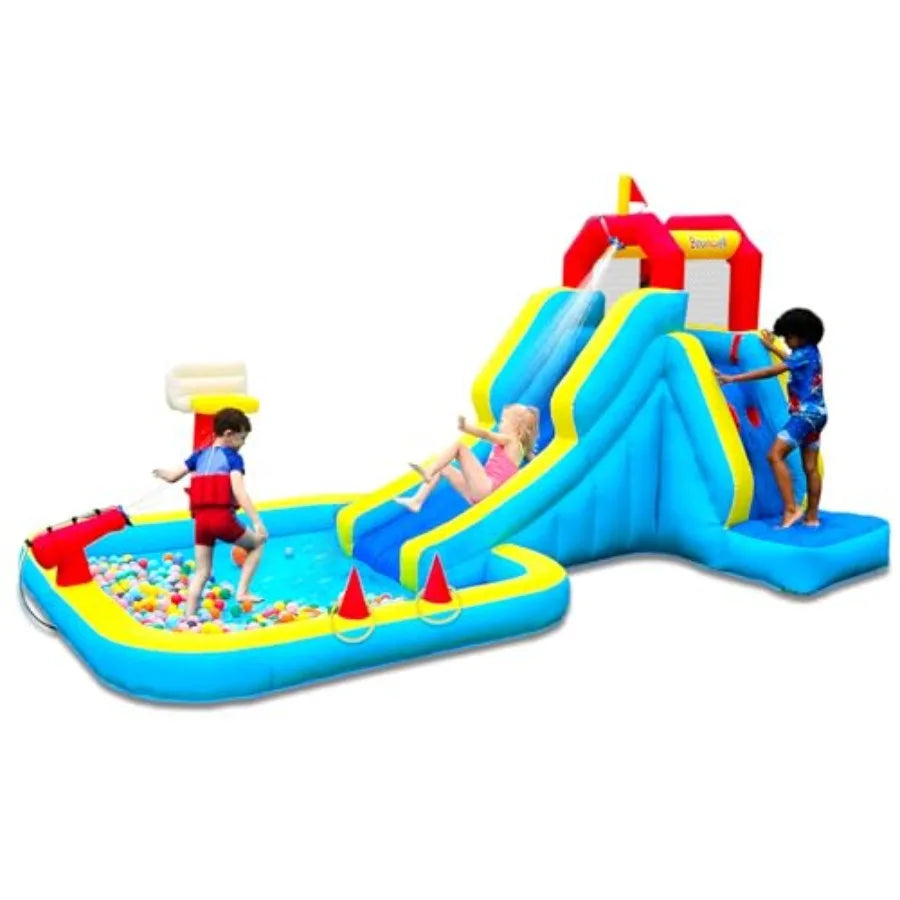 Iatable Water Slide, Blow Up Water Slide with Climbing Wall, Water Slide for Backyard with Basketball Hoop, Water Cannon and Sp
