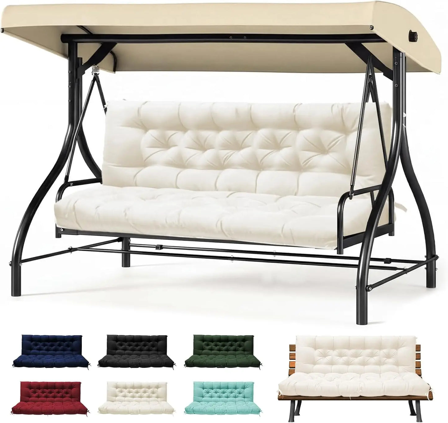 60x40in Outdoor Porch Swing Cushion, 2-3 Seater, Cream, Waterproof with Ties