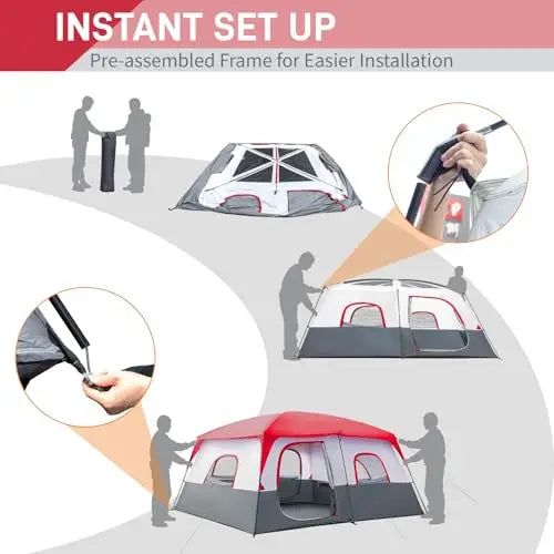 14-Person 2-Room Cabin Tent With Divider Waterproof Windproof Camping Shelter Red White