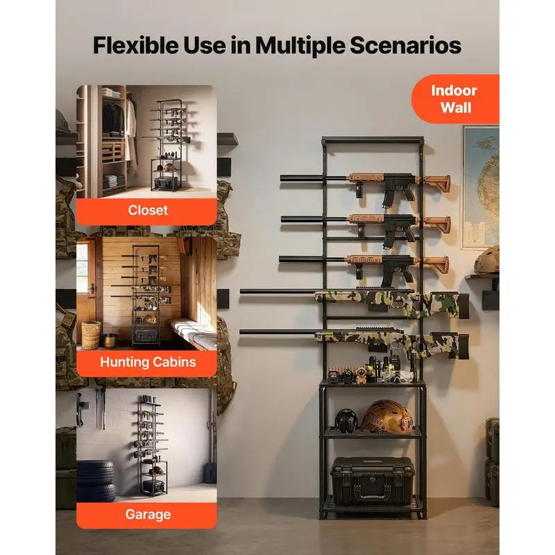 Floor Standing Gun Rack With Storage Shelf Holds Five Rifles