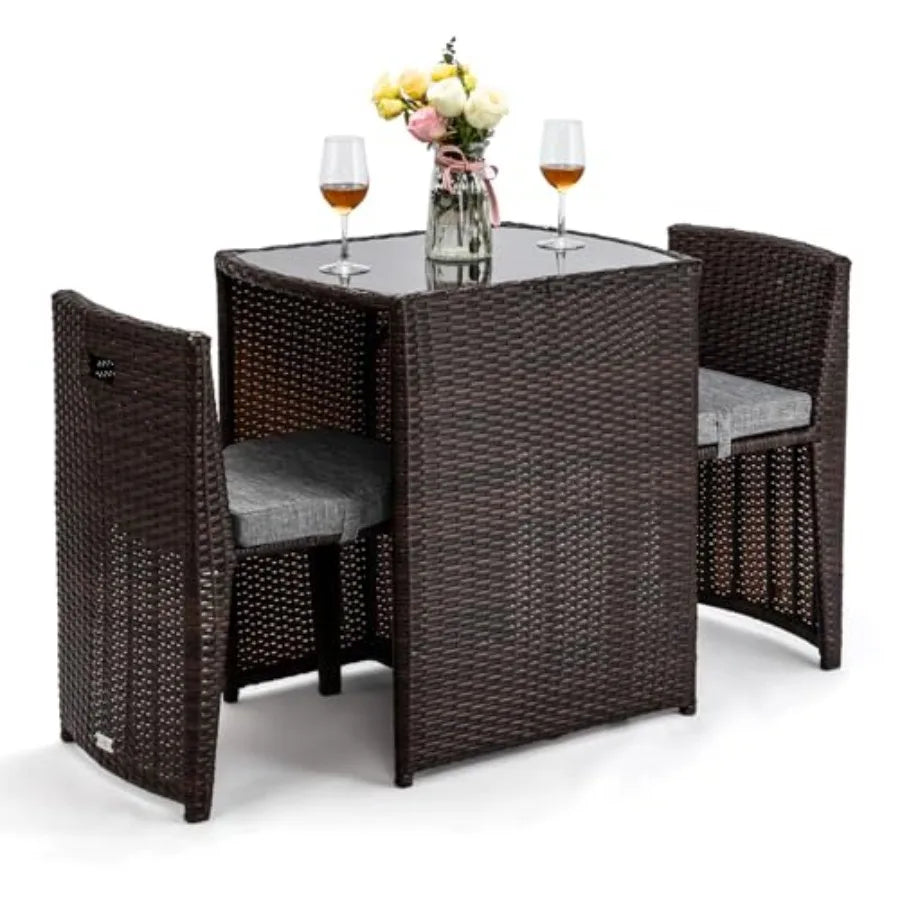 Wicker Outdoor Patio Bistro Set Glass Top Table Chairs