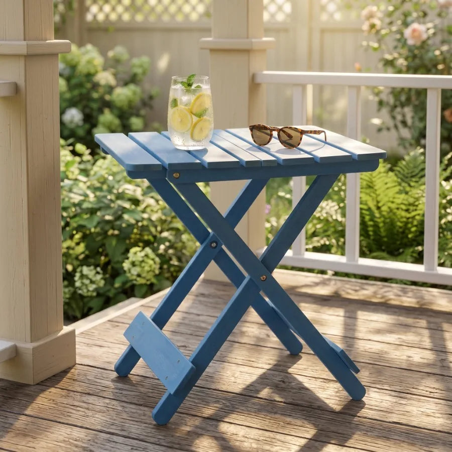 Folding Square Table Solid Wood Portable Space Saving Outdoor Table for Backyard Balcony Garden Camping Party Blue