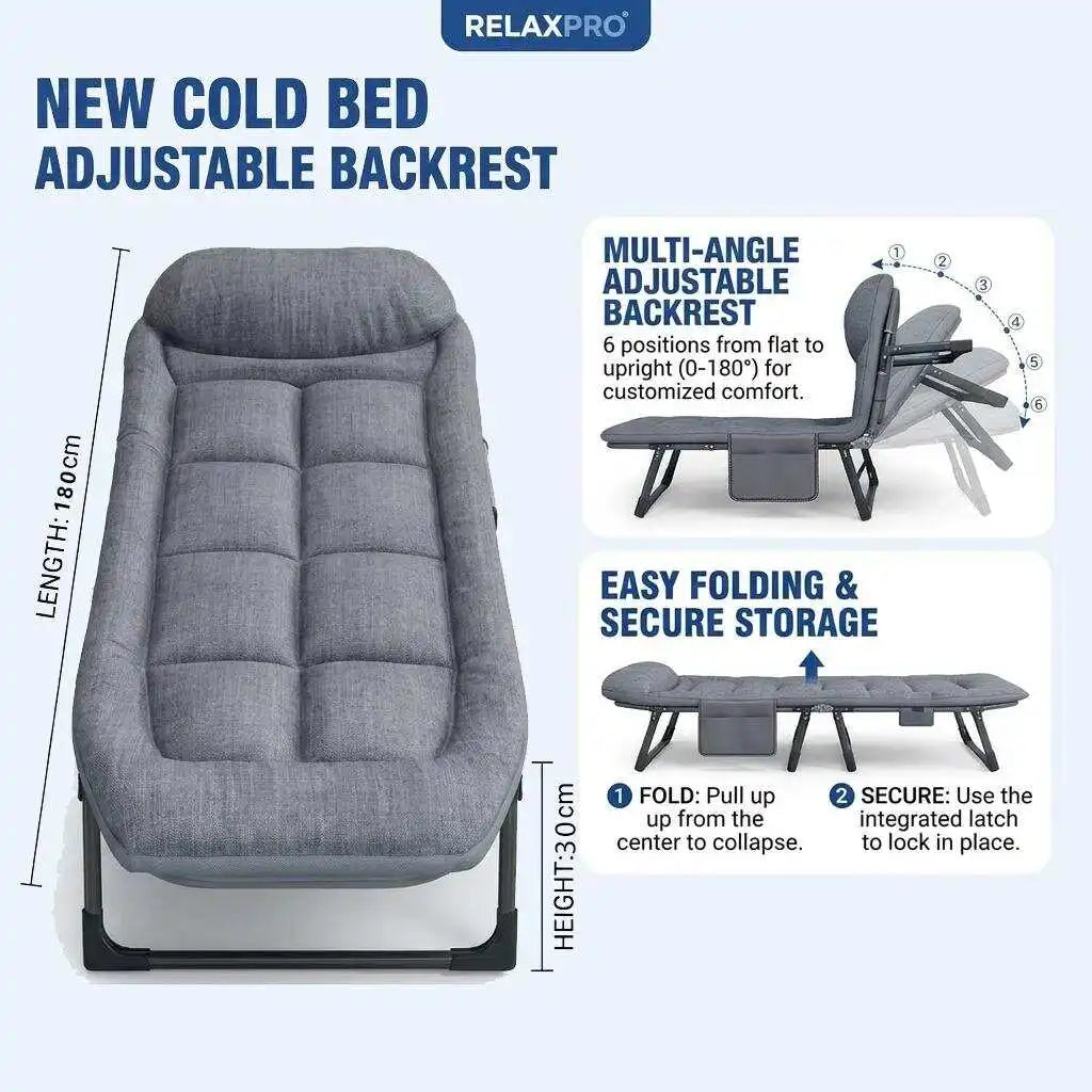 Portable Folding Bed 6-Position Adjustable Camping Cot with Soft Padded Mattress Heavy Duty Steel Frame Office Nap Recliner Single Guest Sleeping Bed Space-Saving Lounger for Outdoor Travel