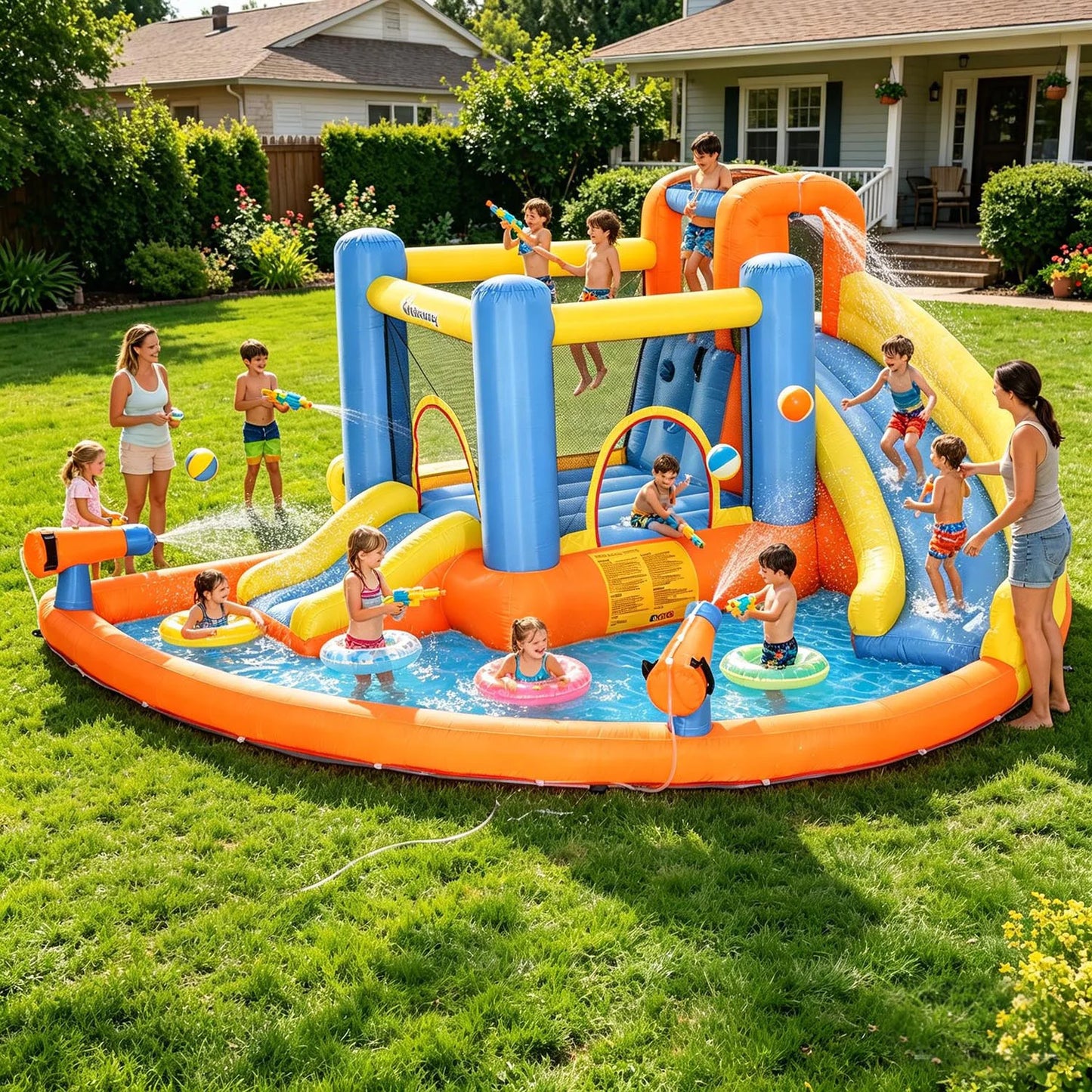 Inflatable Water Slide with Blower, All in 1 Bounce House Jumping Castle With Pool, Outdoor Backyard Playground For Summer Party
