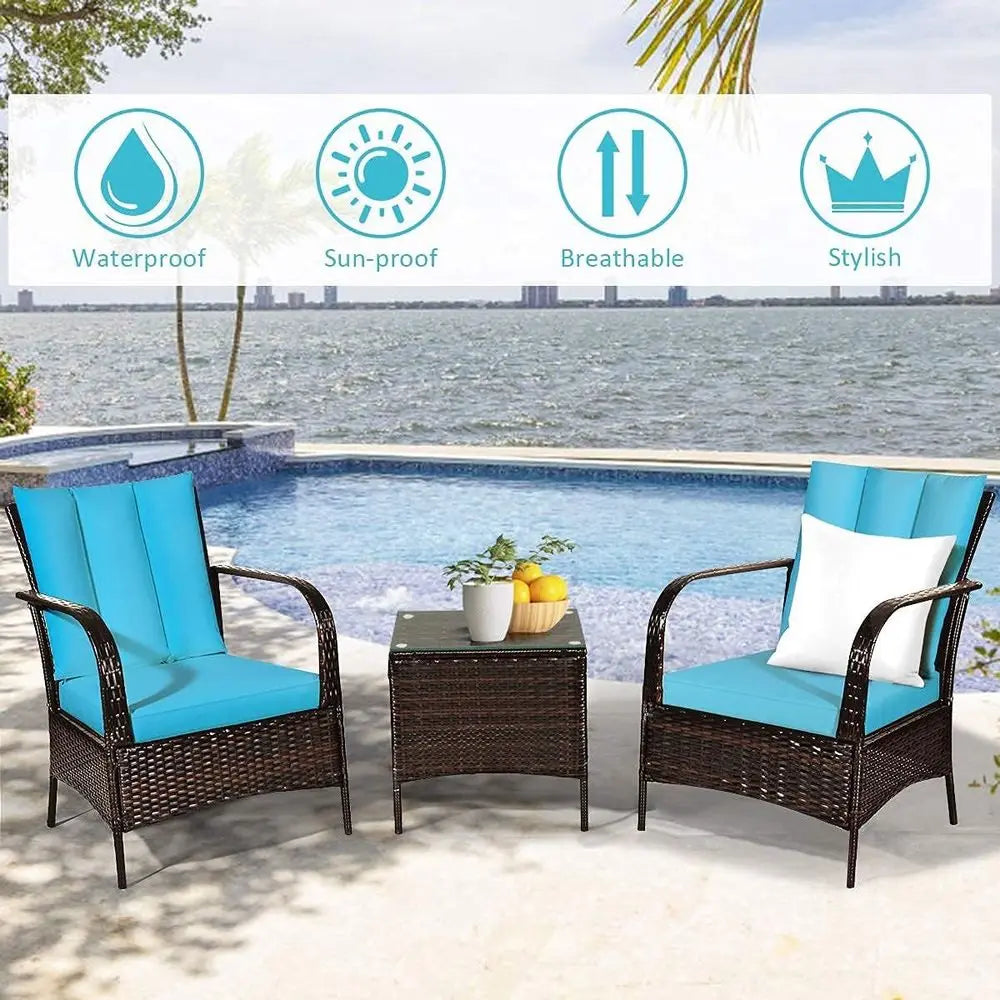 3-Piece Patio Furniture Set: 2 Wicker Chairs with Glass Top Coffee Table, Outdoor Garden Porch Poolside Seating