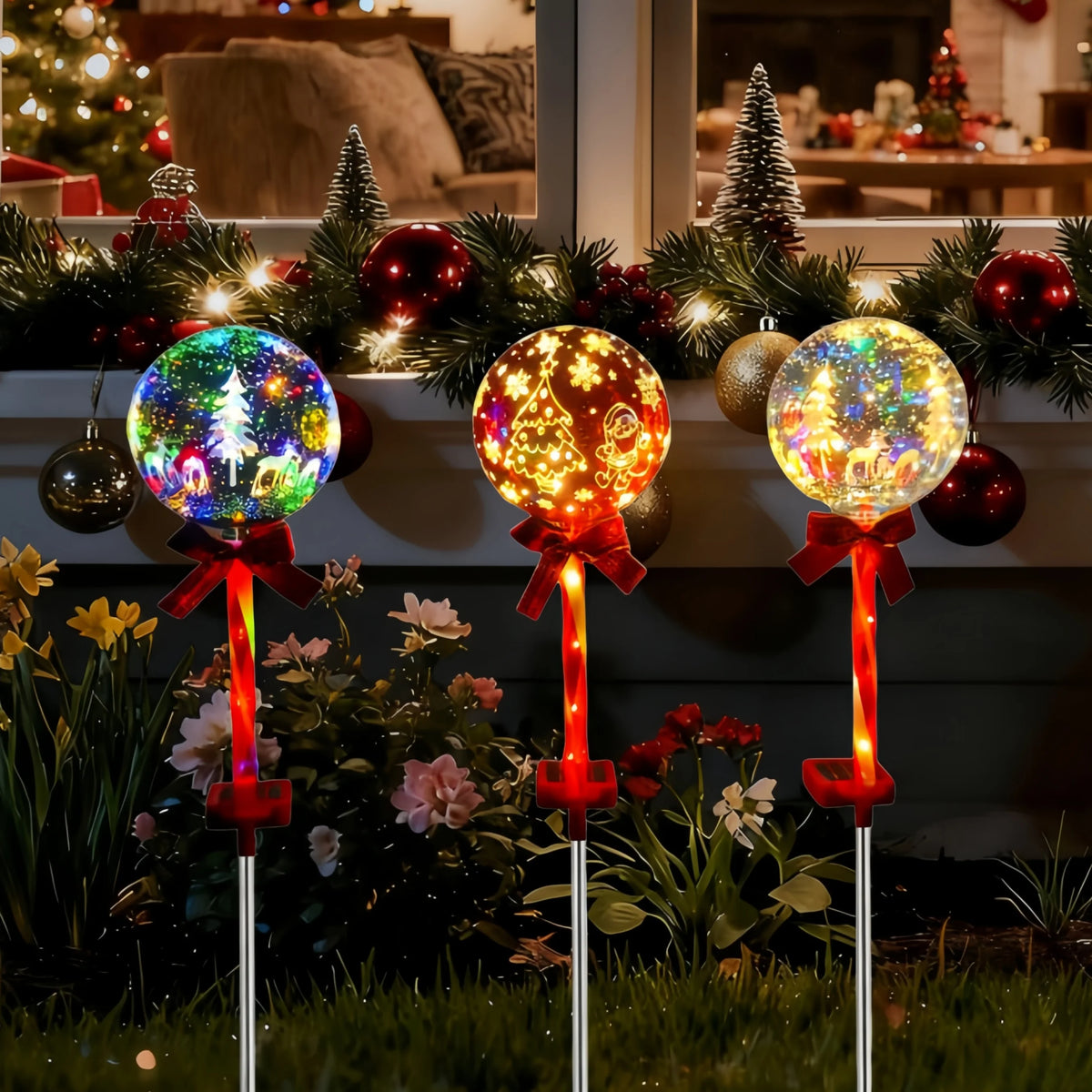 Outside Solar Christmas Lights, Christmas Garden Solar Ball Pile Light, Garden Christmas Tree Snowflake Elk Santa Claus Pile Lantern Ball, for Garden Pathway Home Cemetery Decorations