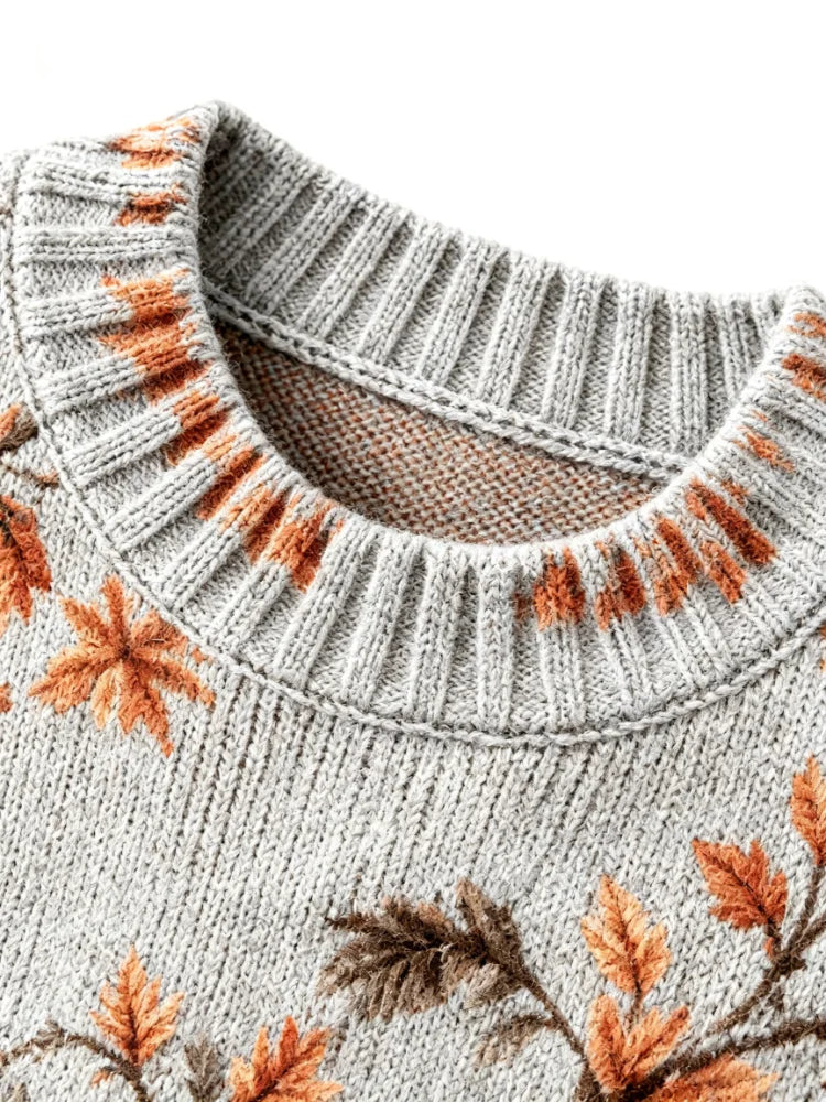Women's Printed Knitted Pullover, Loose and Casual, Soft and Warm, Light Blue Retro Bird-Pattern Watercolor Leaf Design Round-Neck Long-Sleeved Daily Fall/Winter Layered Sweater