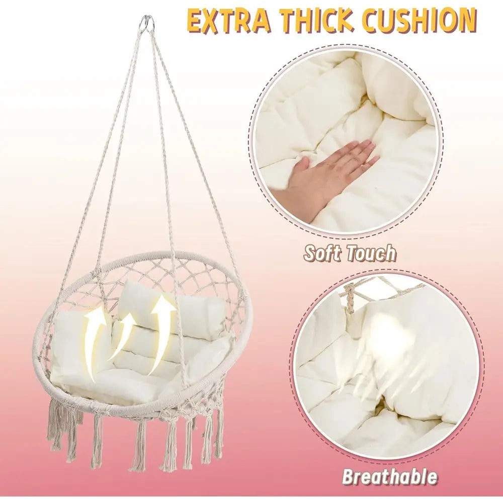 Hammock Chair Swing Chair with Medium Cushion, Hanging Chair for Bedroom, Indoor, Outdoor, Balcony, Porch, Beige