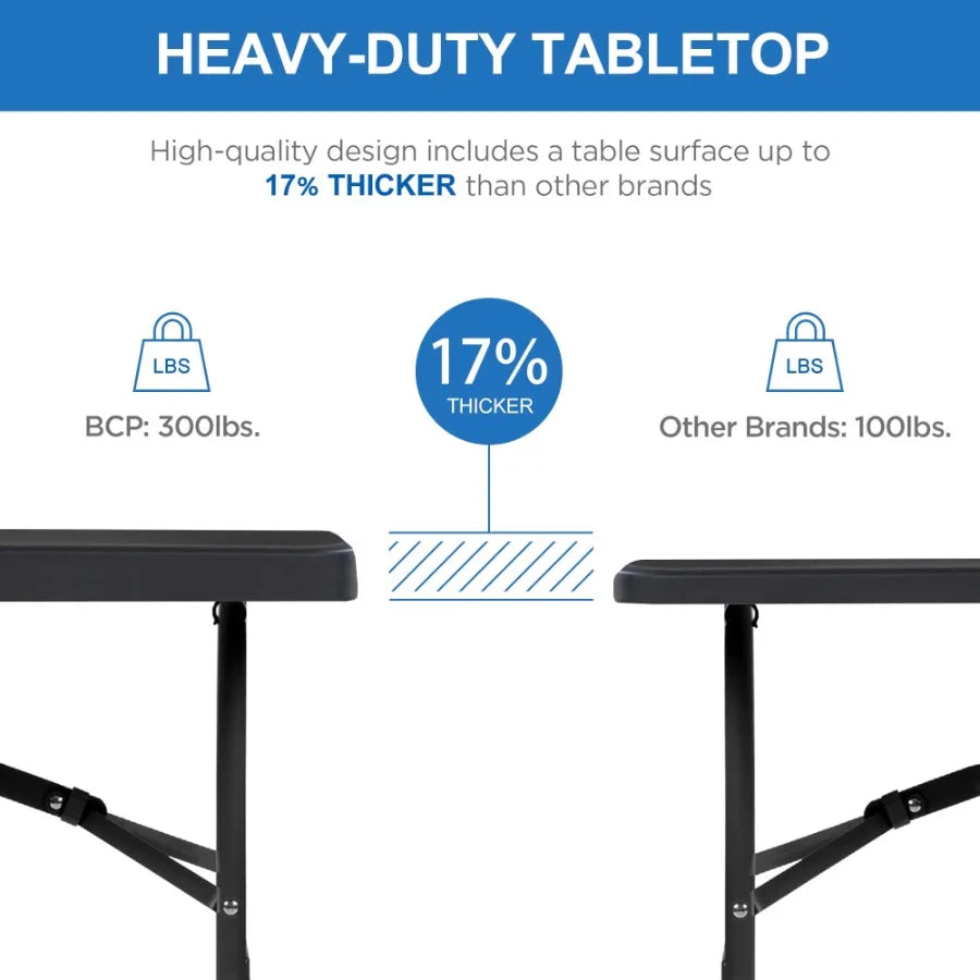 6 Foot Folding Table Fold-in-Half Plastic Table Indoor Outdoor Picnic Party Dining Camp Tables Black