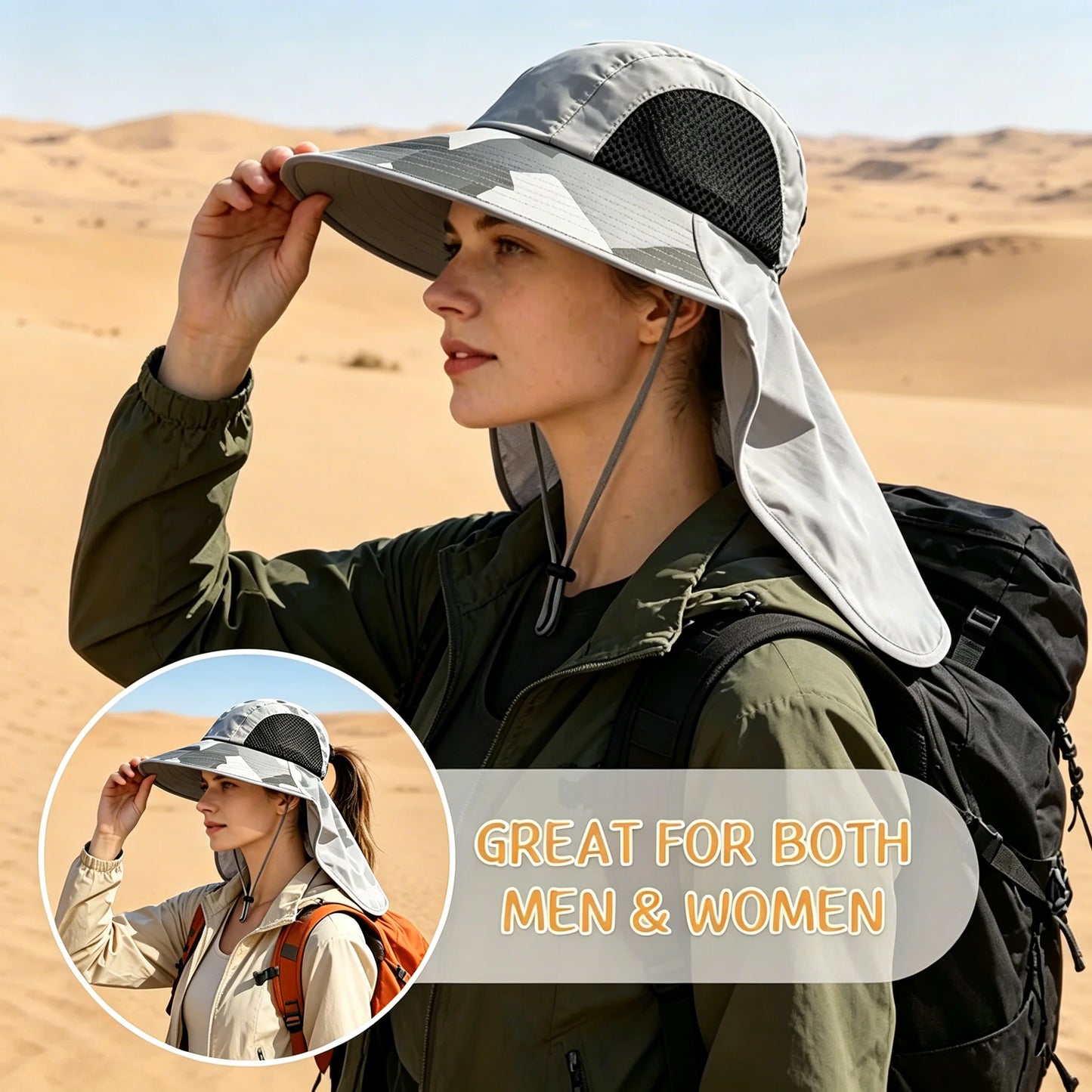 Camo Sun Hat Men Women UPF 50+ UV Protective Wide Brim Fishing Hat with Neck Flap Lightweight Outdoor Hiking Beach Sun Cap