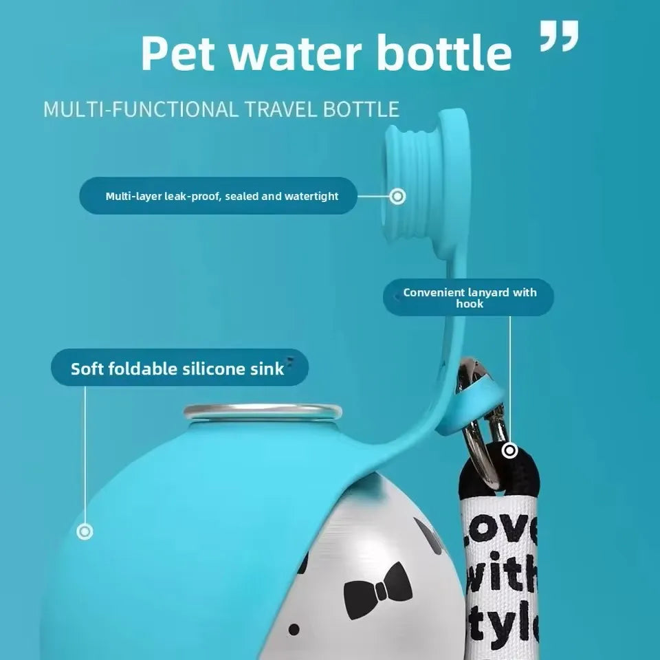 Water Bottle With Removable Silicone Bowl 285Ml Portable Dog Drinker 2-In-1 Stainless Steel Travel Pet Supplies