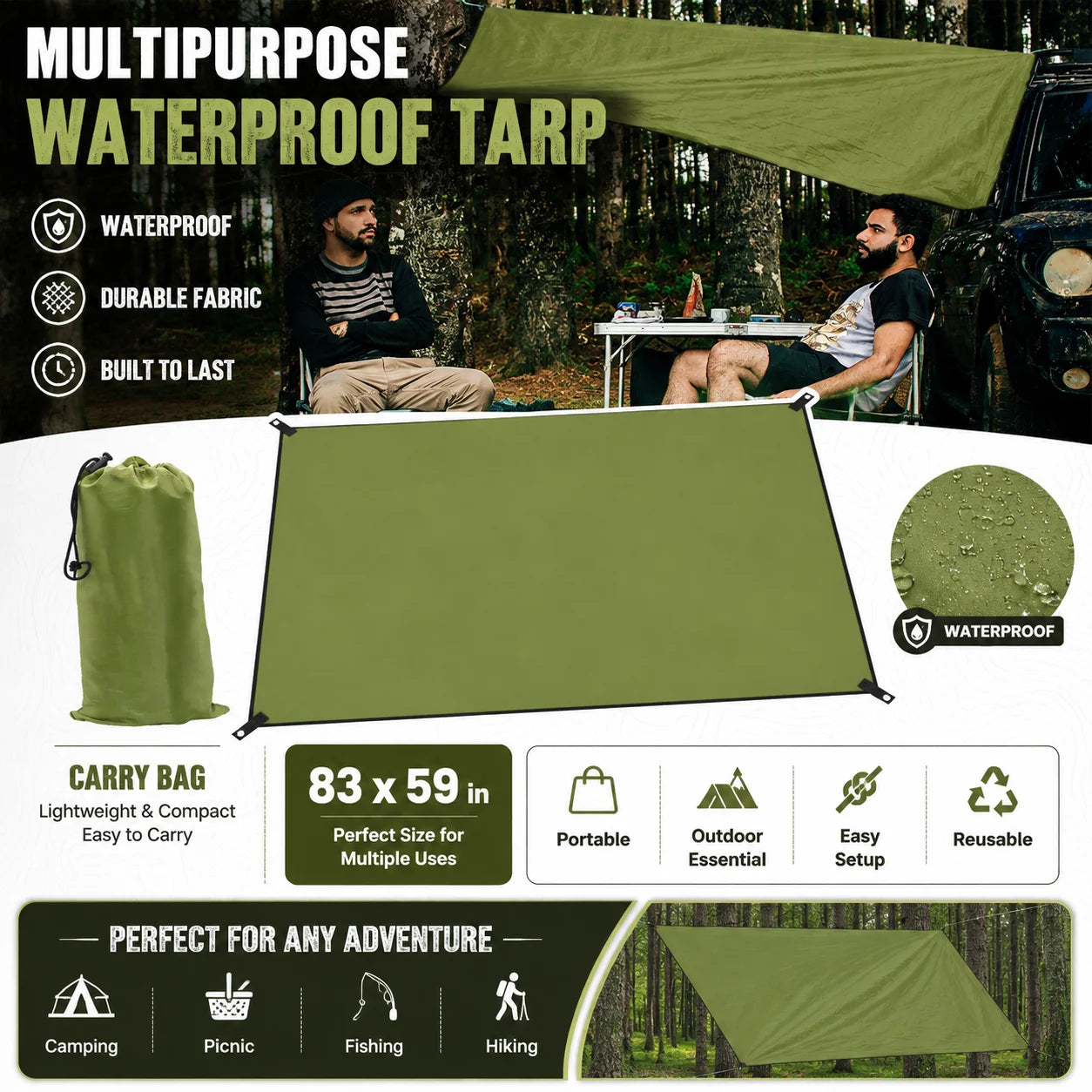 59x83" Outdoor Waterproof Tarp Camping Awning Backpacking Rain Shelter Tent Portable Sun Shade Canopy Ground Sheet for Hiking Picnic Beach Hammock Camp Gear Durable Lightweight Ripstop Cover with Grommets Ropes Storage Bag Ac