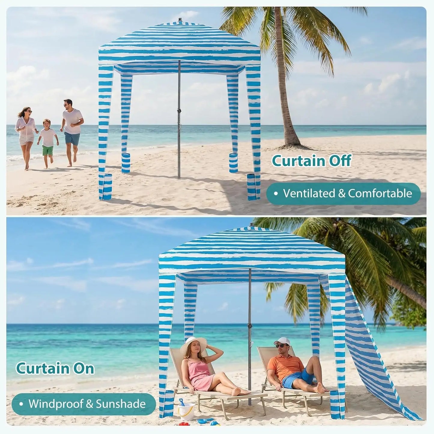 6x6 Beach Cabana Tent Sun Shelter - UPF 50+ Easy Setup Canopy with Side Wall for Family