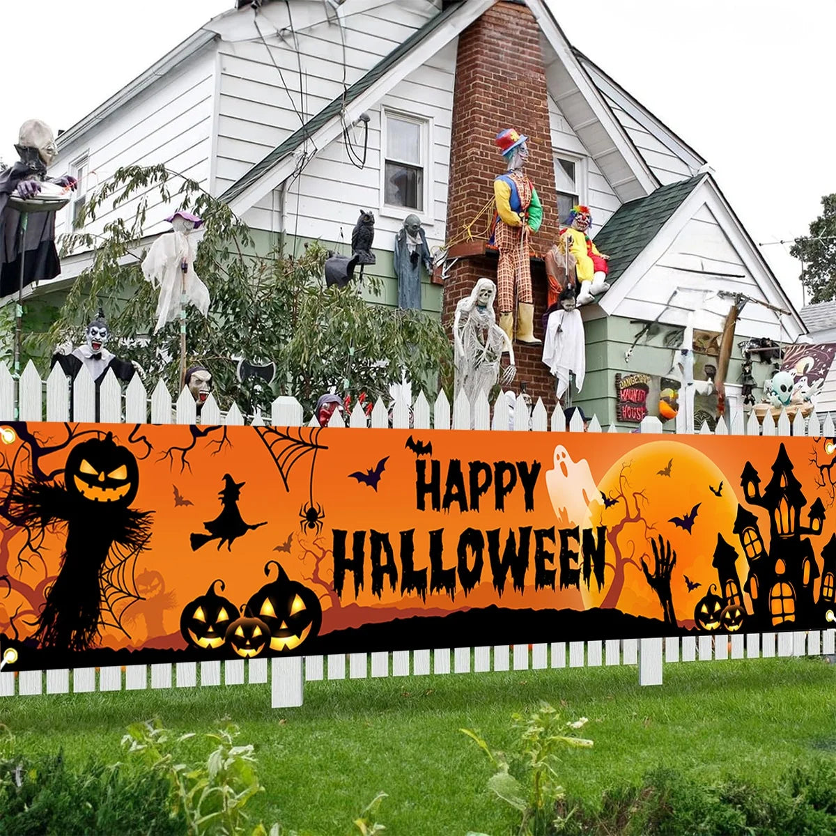 Halloween Outdoor Banner With Pumpkin And Bat Party Backdrop