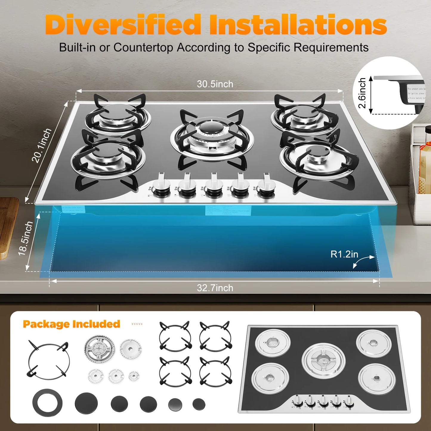 5 Burner Built-in Gas Cooktop Glass Top 3KW Dual Ring High Power Energy Saving 63% Efficiency LPG Natural Gas Stove