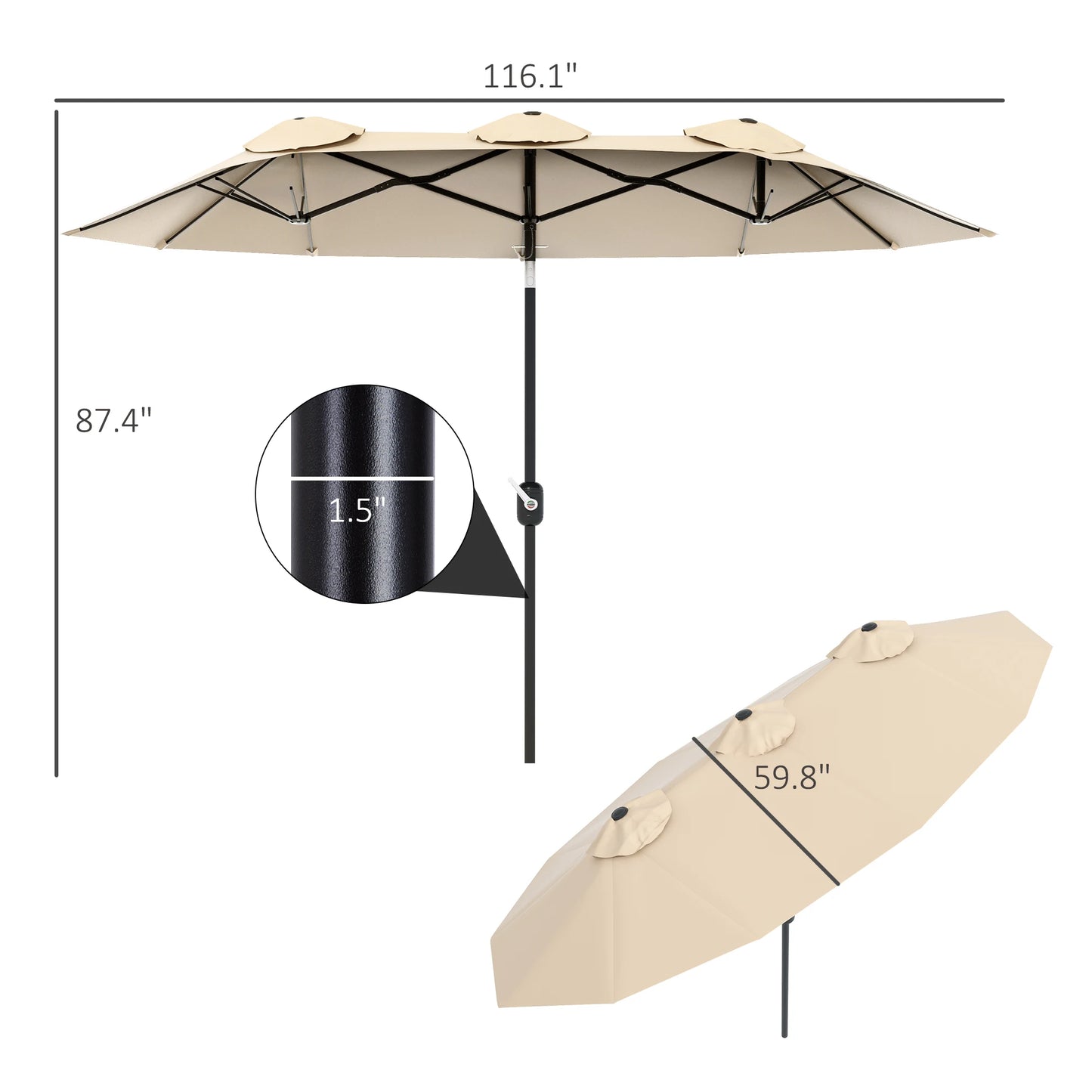 9.7' Double-Sided Patio Umbrella with 3 Air Vents, Tilt and Crank, Outdoor Umbrella, Brown