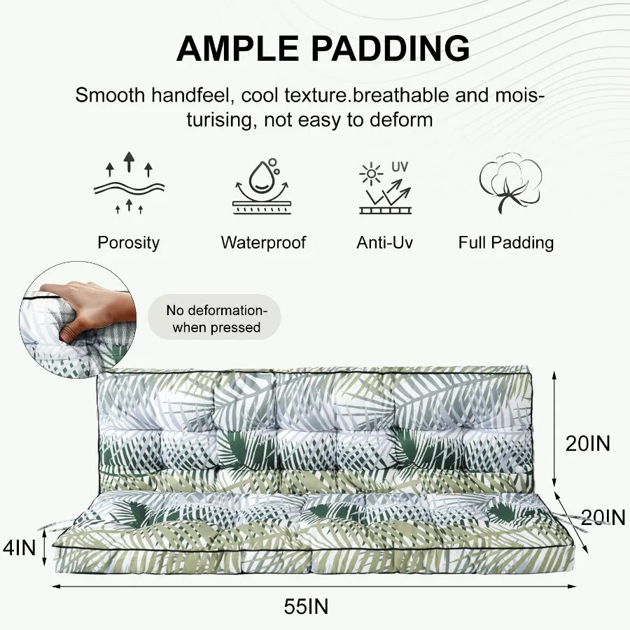 Outdoor Swing Cushions 55 Inch, Waterproof 4" Thick Porch Swing Cushion Replacement with Backrest and Ties, Comfortable 2-3 Sea