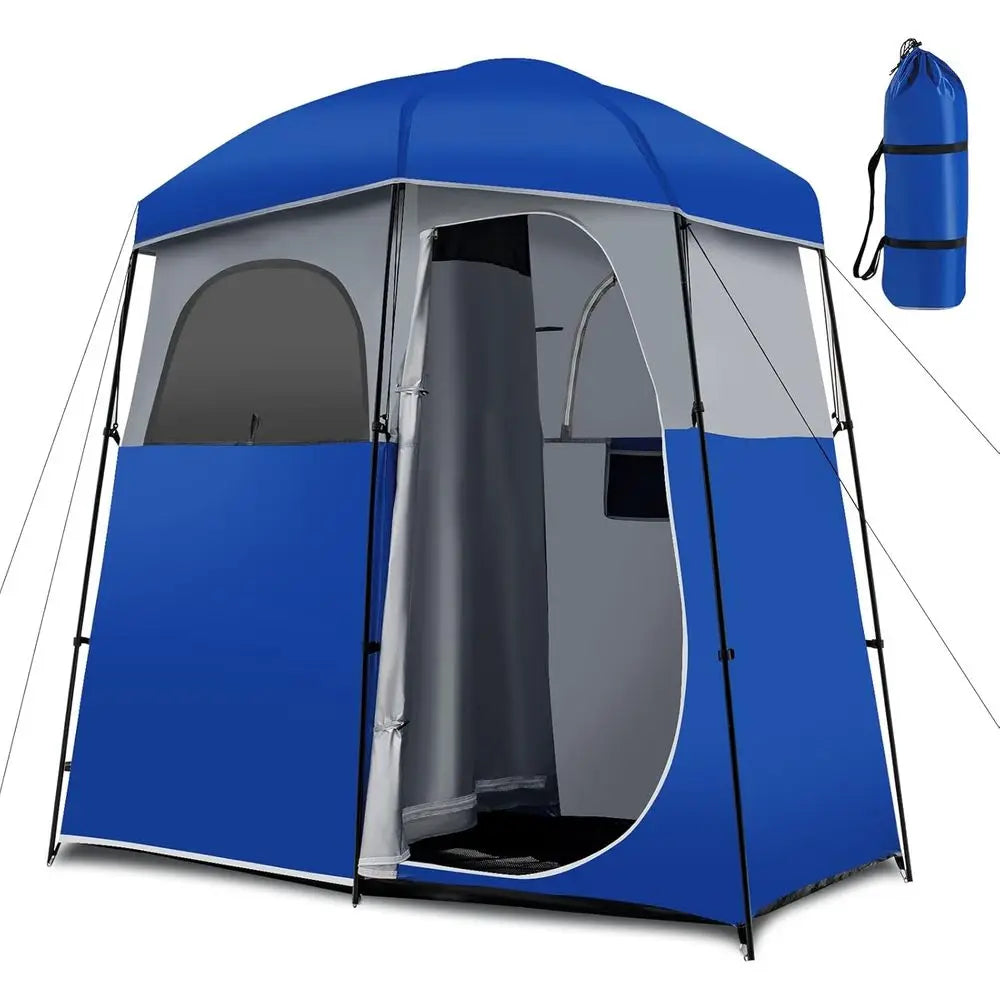 Spacious Double Room Shower Tent with Floor, Portable Privacy Shelter for Camping, Removable Rainfly, Storage Bag and Toilet