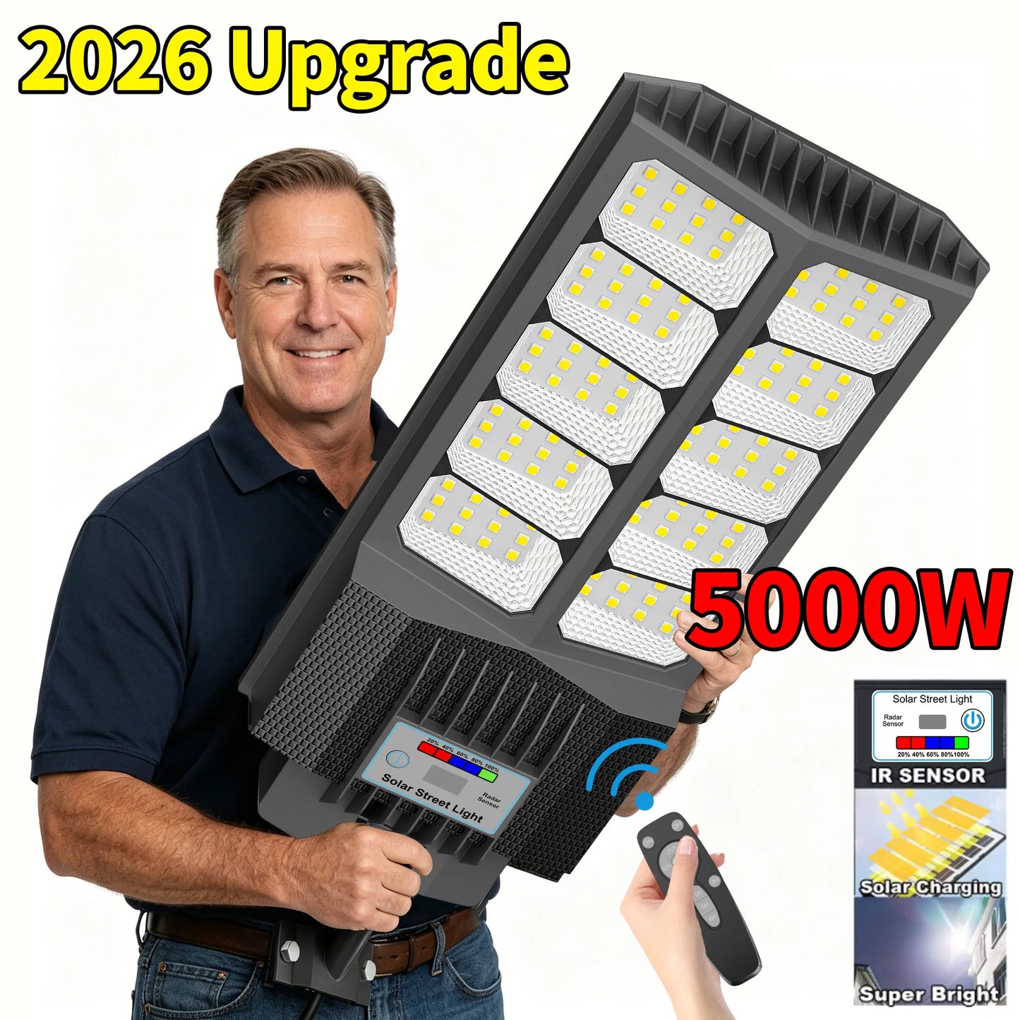 5000W Outdoor Solar Flood Light, 10000LM High Bright LED, IP65 Waterproof Dustproof, Dusk-to-Dawn Auto On/Off, Motion Sensor, Remote Timing & Dimming, Large Solar Battery, Wire-Free Easy Install, Commercial Solar Lamp for Yar