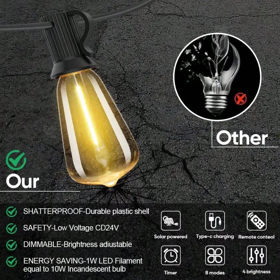 Solar String Lights LED Shatterproof Waterproof Outdoor Garden Patio Decor