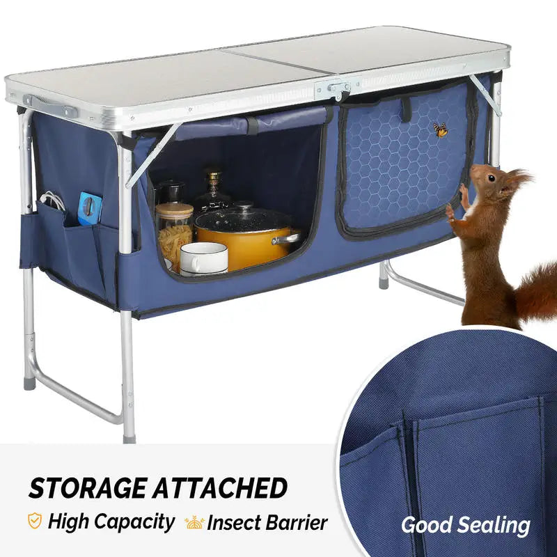 4ft Off-white MDF Desktop Outdoor Folding Table Aluminum Frame Rectangular with Blue Fabric Cabinet 3 Height Adjustments