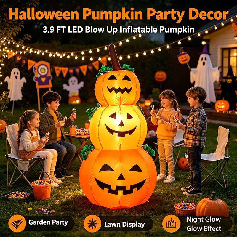 3.9FT LED Halloween Inflatable Pumpkin Decoration Stacked Pumpkins Blow Up with Built-in Lights Outdoor Airblown Yard Decor for Garden Lawn Porch Party Glowing Pumpkin Photobooth Prop New Arrivals