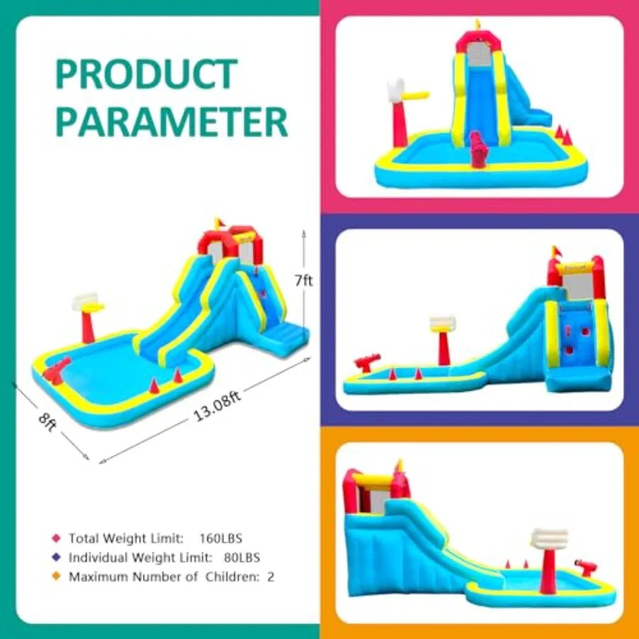 Iatable Water Slide, Blow Up Water Slide with Climbing Wall, Water Slide for Backyard with Basketball Hoop, Water Cannon and Sp