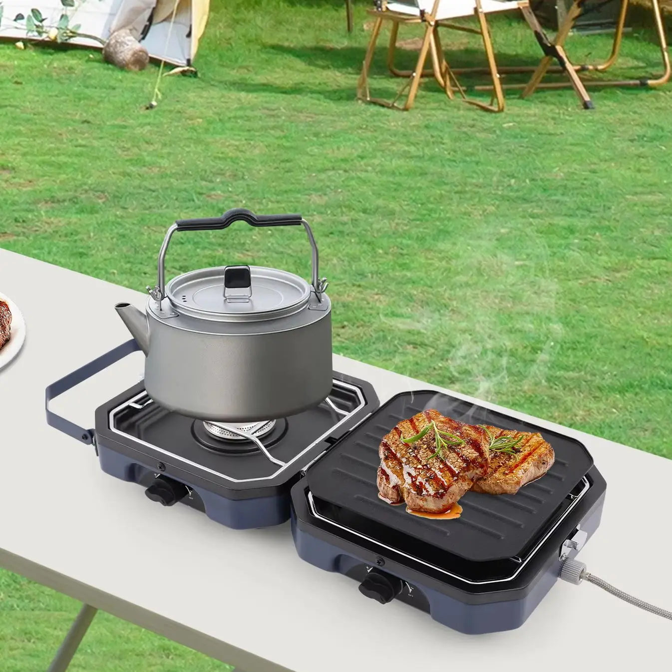 2 Burners Portable Camping Gas Stove 2.3+2.3KW Non-stick Coating Stainless Steel Folding Outdoor BBQ Cooking Stove for Camping Picnic