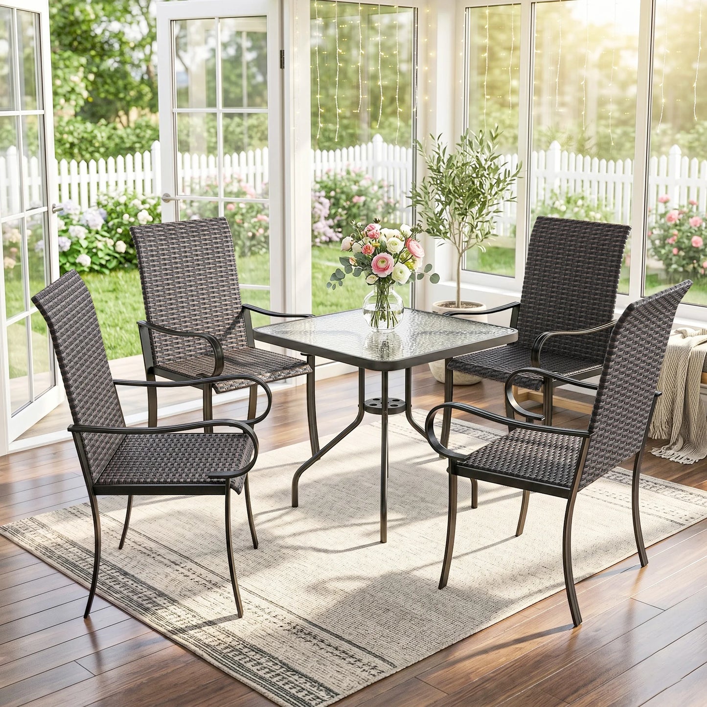 Set of 4 Outdoor Wicker Dining Chairs, All-Weather Rattan Armchairs with Armrests, Steel Frame, High Back and Deep Seating, Brown