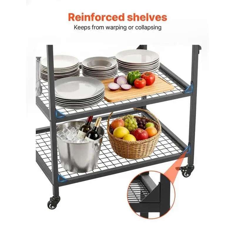 Outdoor Grill Cart, 31.5 X 24.0 Inch Stainless Steel Tabletop Size Grilling Table, Outdoor Cooking Table with 4 Wheels & Side Handle, Two Mesh Shelves, BBQ Prep Tables for Patio, Garden