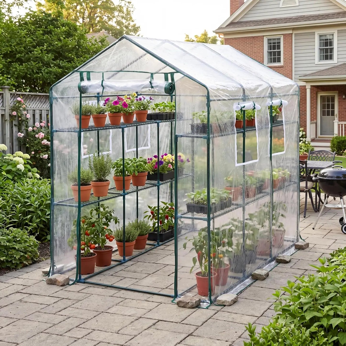 57x85x77in Walk-In Greenhouse With 8 Shelves, PE Cover, Mesh Windows & Zipper Door, Heavy Duty Plant House For Garden Backyard Patio