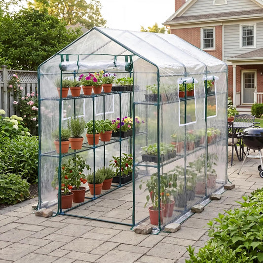 57x85x77in Walk-In Greenhouse With 8 Shelves, PE Cover, Mesh Windows & Zipper Door, Heavy Duty Plant House For Garden Backyard Patio