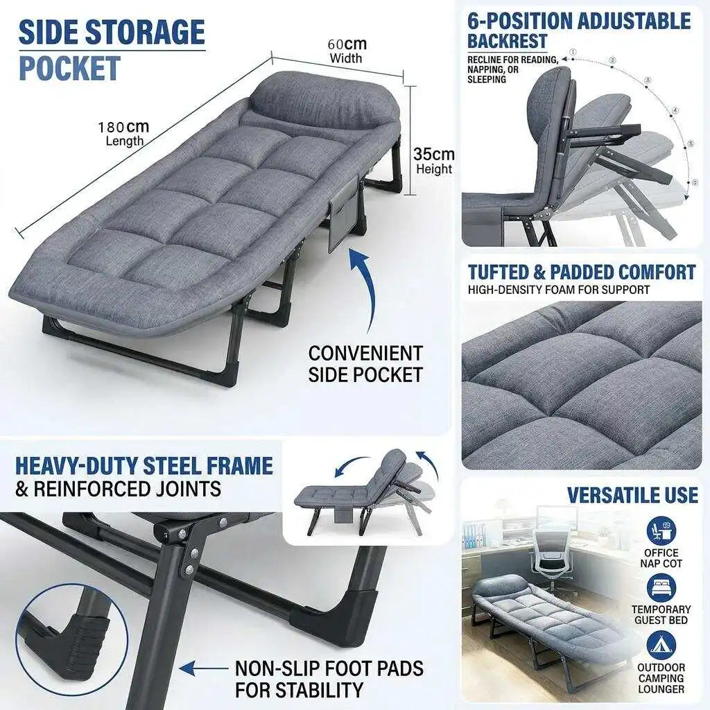 Portable Folding Bed 6-Position Adjustable Camping Cot with Soft Padded Mattress Heavy Duty Steel Frame Office Nap Recliner Single Guest Sleeping Bed Space-Saving Lounger for Outdoor Travel